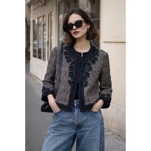 St. John Knit Couture Wool Blend Tweed Vintage Bolero Jacket Floral Appliqué 8